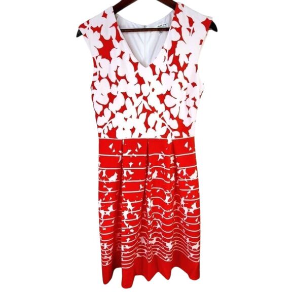 Studio One Red-Orange White Floral A-Line V-Neck Travel Dress 60s 70s Mod Sz 4 - Picture 9 of 14